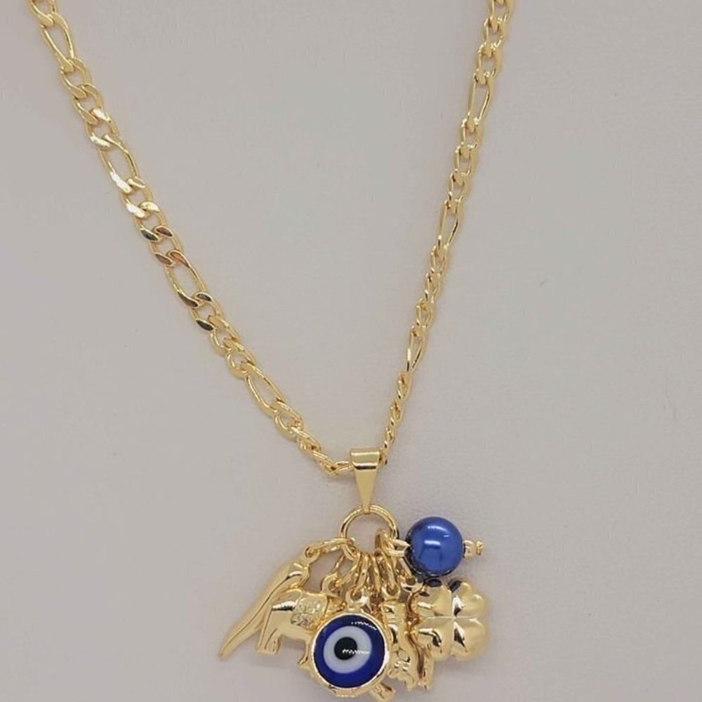 Brand New Brazilian 18k Gold Filled Blue Evil Eye w/ Lucky Charms Necklace - Picture 7 of 8